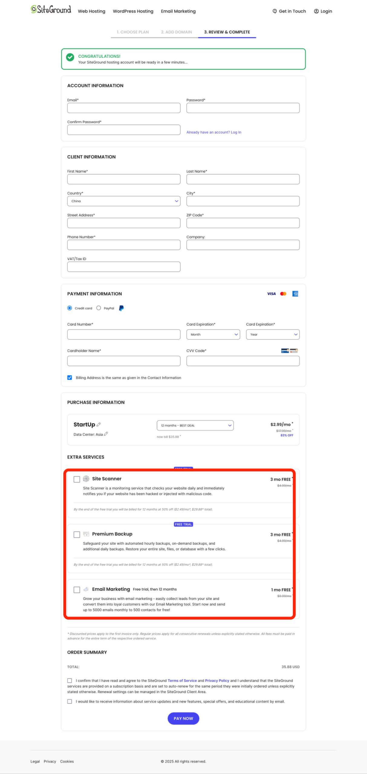 SiteGround账号注册个人资料完善并且完成支付