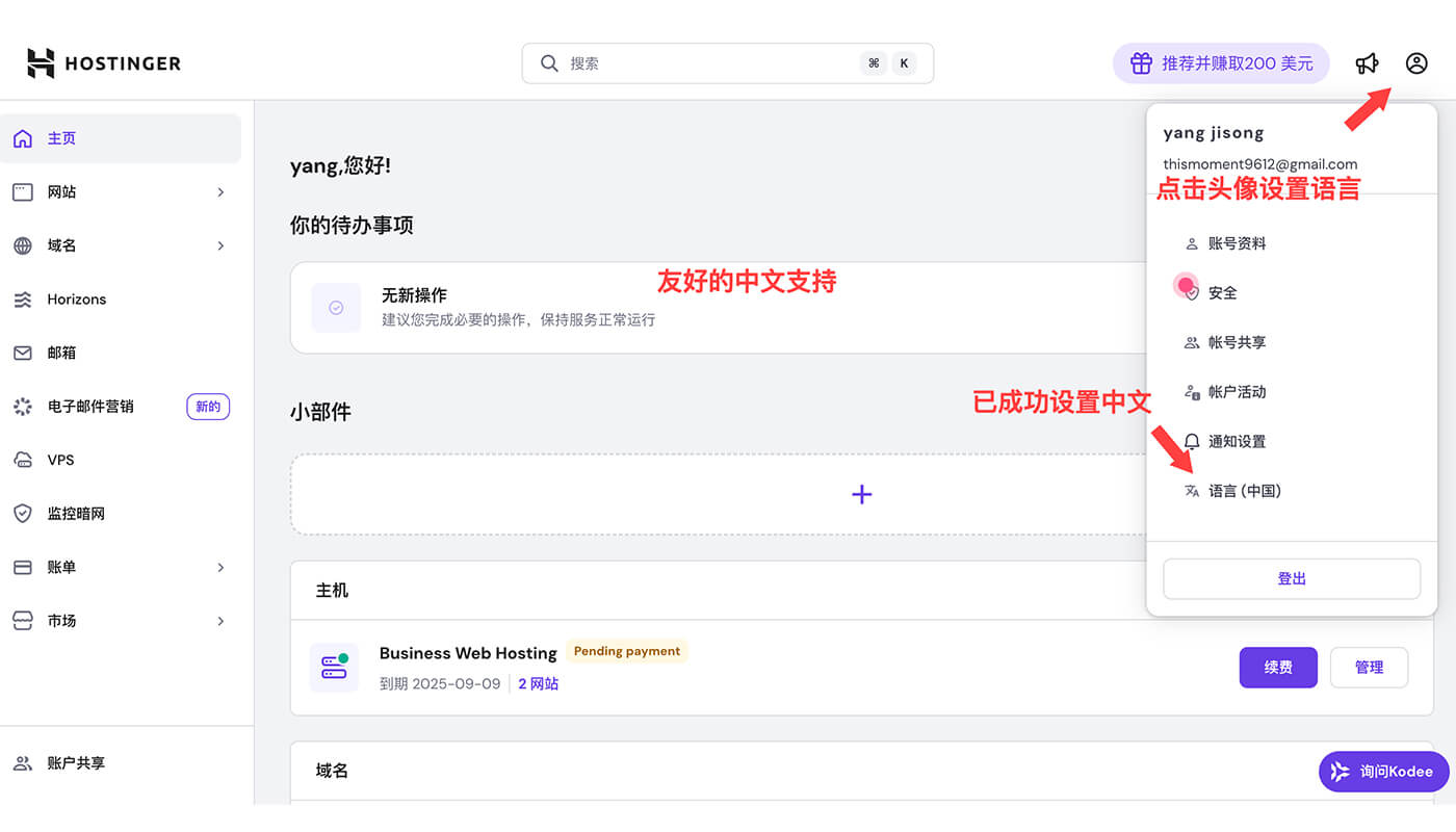 Hostinger 支持中文管理界面